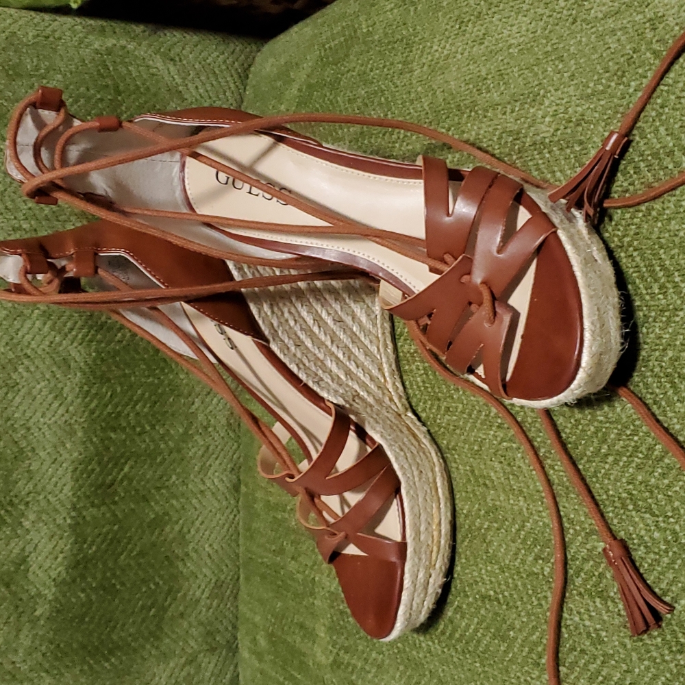 Brown leather, high wedge, tie-up sandals by Guess